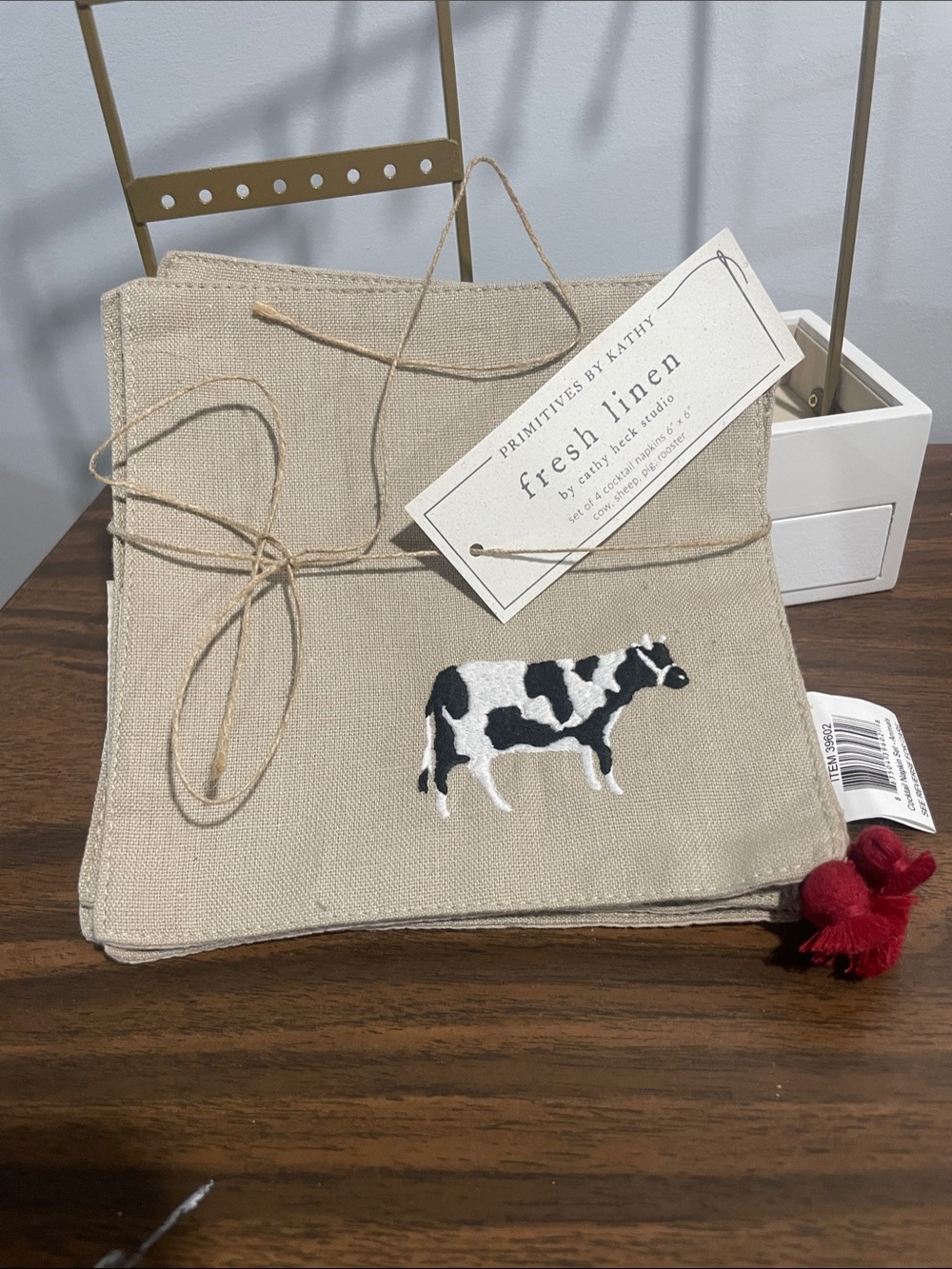 Primitives by Kathy Tan Canvas 4 Napkins animal Embroidery linen blend 6” x 6”